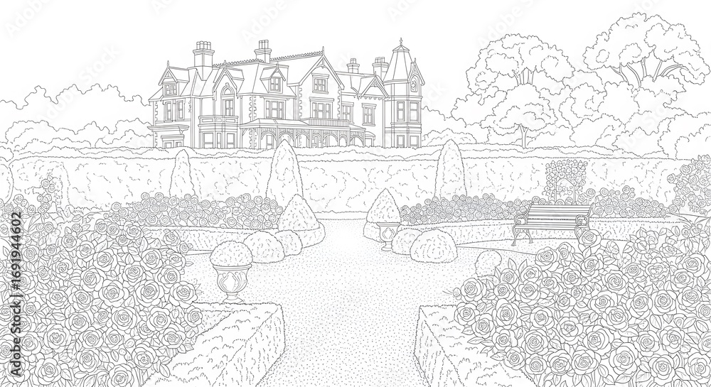 Fototapeta premium Detailed House in Garden Black and White Illustration
