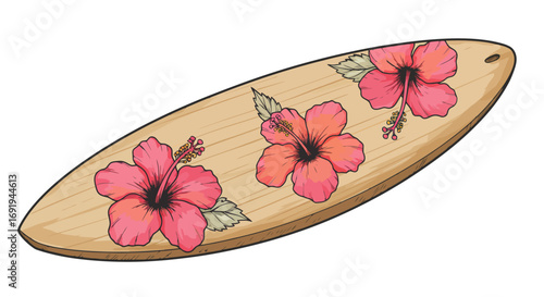 Surfboard shaped wooden cutting board with hibiscus flowers.