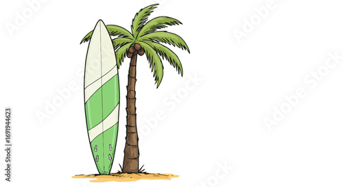 Surfboard leaning against palm tree on beach.