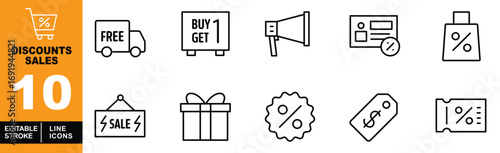 Discounts Sales line icon set. Cart, truck, board, megaphone, document, bag, sale, gift, starburst, tag, ticket and more. Editable stroke icons collection.