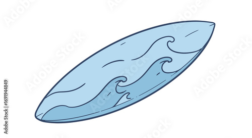 Surfboard with ocean wave design illustration.