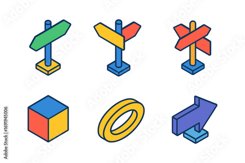 Isometric directional signs and shapes in bold colors