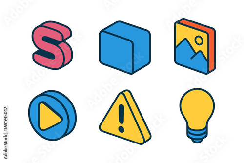 Colorful isometric icons with bold outlines for digital interfaces