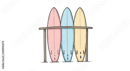 Three pastel surfboards stand upright on a rack.