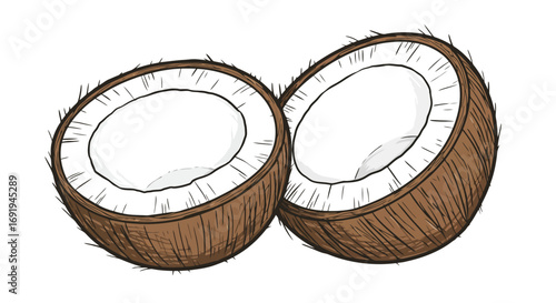 Two halves of a fresh brown coconut.