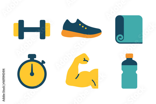 Colorful fitness icons: dumbbell, sneakers, yoga mat, and more for workout inspiration