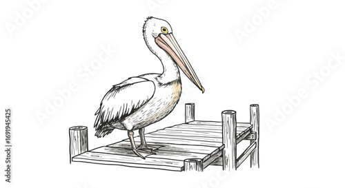 White Pelican Bird Standing on Wooden Dock.