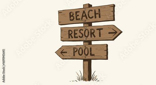 Wooden signpost with directions to beach resort pool.