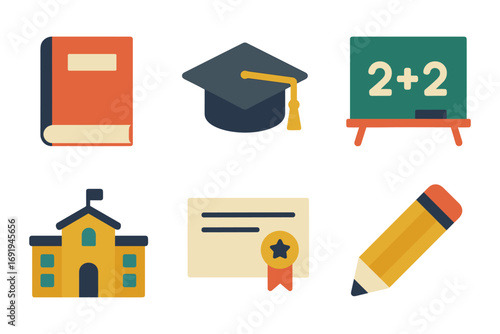Colorful education icons set featuring school, book, chalkboard, diploma, pencil, graduation cap