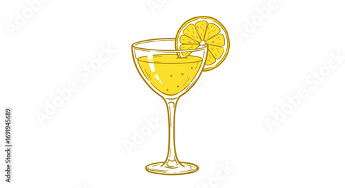 Yellow cocktail in a martini glass with lemon.