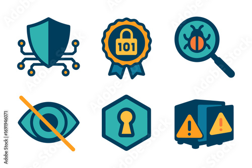 Cybersecurity icons set featuring shield, lock, bug, eye, keyhole, and alert symbols in flat design