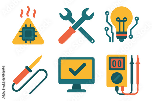 Colorful set of repair tools and technology icons in flat design style
