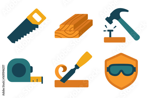 Colorful tool icons for carpentry and woodworking projects