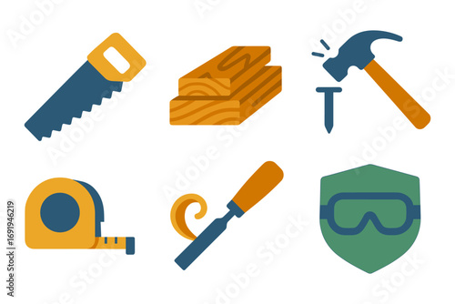 Essential carpentry tools: saw, hammer, chisel, goggles and wood planks in flat design