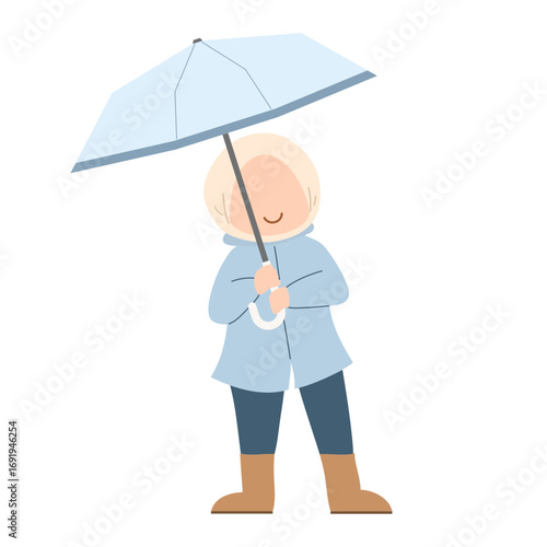 Hand drawn illustration during the rainy season with a girl wearing a raincoat and holding an umbrella