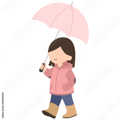 Hand drawn illustration during the rainy season with a girl wearing a raincoat and holding an umbrella