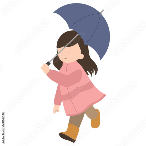 Hand drawn illustration during the rainy season with a girl wearing a raincoat and holding an umbrella