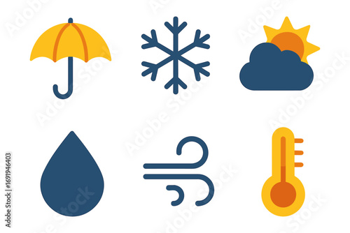 Flat weather icons: umbrella, snowflake, sun behind cloud, raindrop, wind, thermometer