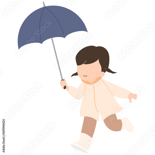 Hand drawn illustration during the rainy season with a girl wearing a raincoat and holding an umbrella