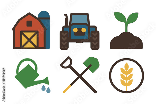 Colorful farm icons featuring barn, tractor, and agriculture tools for rural design