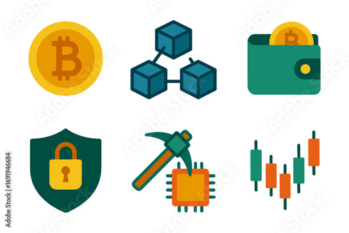 Cryptocurrency icons: blockchain, bitcoin, wallet, secure trading, and mining