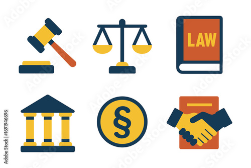 Flat legal icons set: gavel, scales, law book, courthouse, legal document, handshake