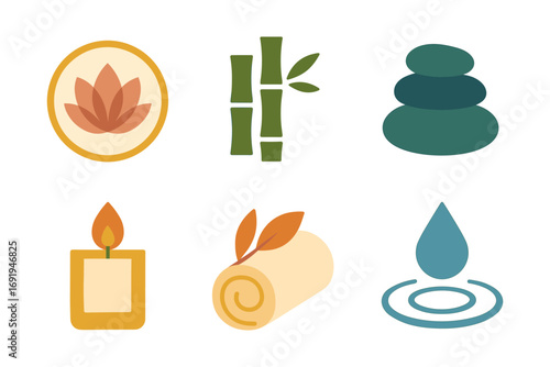 Relaxing spa elements: lotus, bamboo, stones, candle, towel, water drop icons
