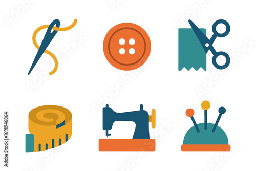 Sewing tools and equipment icons: needle, button, scissors, measuring tape, sewing machine, pin cushion