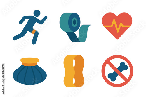 Flat style health and fitness icons set with exercise, heartbeat, and recovery symbols