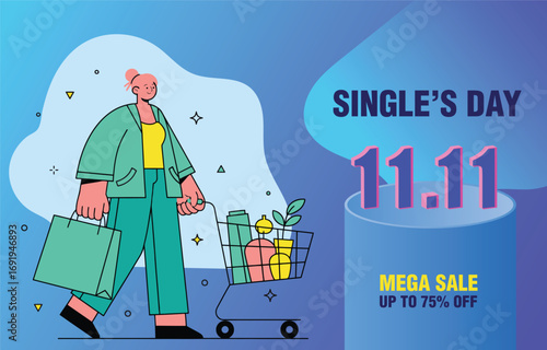 Woman shopping with cart for Single's Day mega sale event on November eleventh.