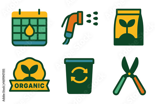 Colorful garden tools and symbols highlighting sustainable agriculture