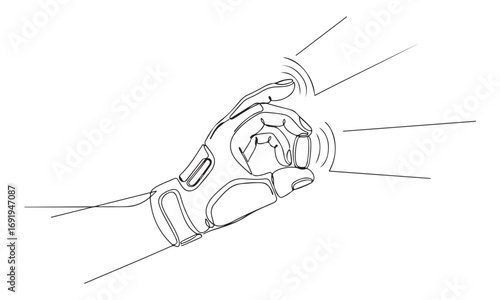 Hand in futuristic glove holding capsule, continuous line drawing