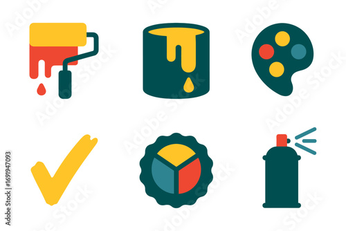Colorful art tools and symbols: paint roller, bucket, palette, checkmark, diagram, spray
