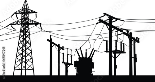 Electric substation with power transformers, utility poles, transmission towers, high voltage wires, energy infrastructure, electricity distribution, industrial silhouette, grid system