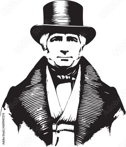 This is a black and white woodcut-style illustration of a man wearing a top hat and a fur-collared coat, possibly portraying a historical figure or a character from a classic novel.