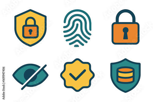 Colorful security icons set for digital protection and privacy themes