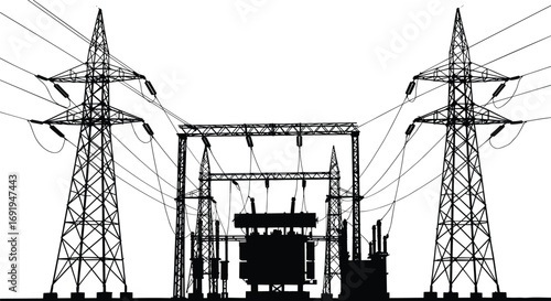 High voltage electrical substation, power transformers, transmission towers, energy distribution, electricity grid, utility infrastructure, industrial silhouette, black and white