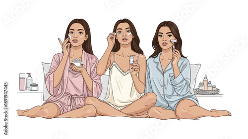 Three young women in pajamas applying skincare products to their faces while sitting on the floor in a bright modern bedroom