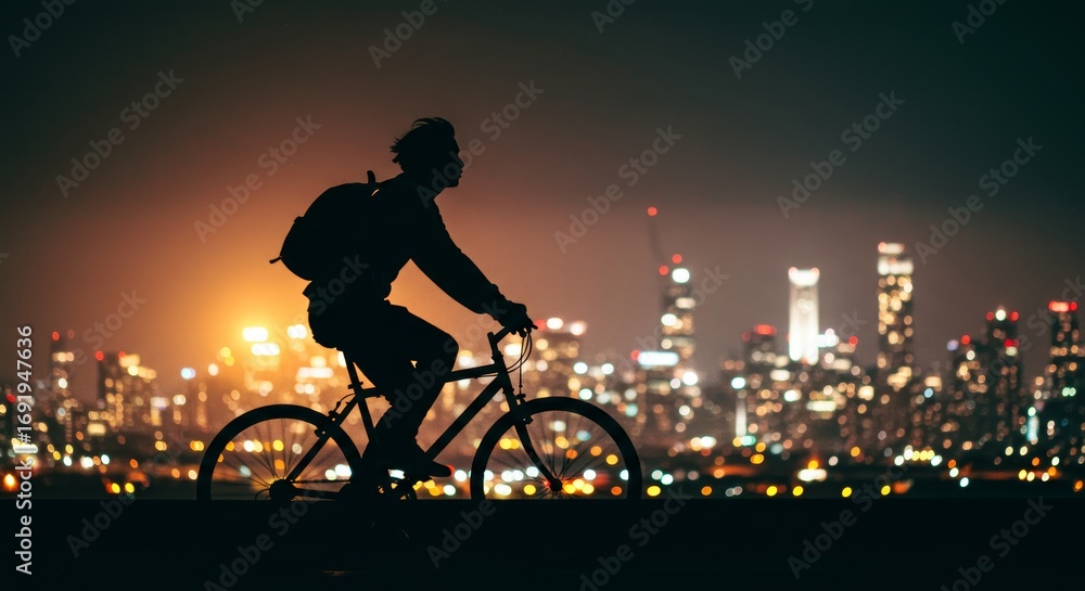 Obraz premium Silhouette of a cyclist riding a bicycle at night with a city background