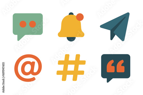 Modern communication icons: messaging, notification, networking, hashtags, email, quotes