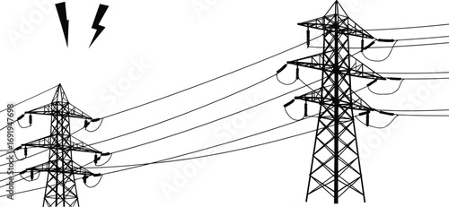 High voltage power transmission towers, electricity pylons, energy distribution lines, electric grid infrastructure, black and white silhouette, industrial background
