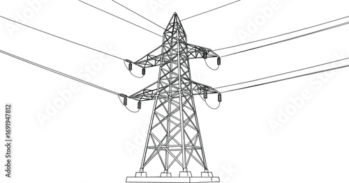 High voltage power transmission tower, electricity pylon structure, energy distribution line, industrial grid system, utility infrastructure, wireframe design, engineering