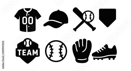 Baseball icon set: silhouette style collection of sporting equipment and symbols