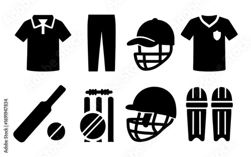 Cricket equipment silhouettes: helmets, bats, and jerseys