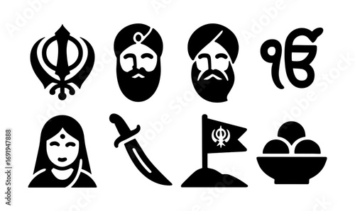 Sikh symbols and figures in bold silhouette style