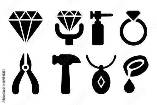Jewelry crafting icons: gemstones, rings, tools in bold silhouette design