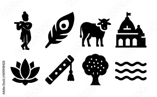 Silhouette krishna icons: flute, lotus, cow, temple, and more