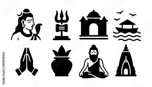 Silhouette icons of indian culture and traditions featuring shiva and sacred symbols