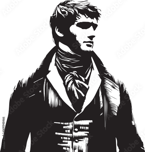A stylized black and white illustration depicts a man in Regency-era attire, wearing sunglasses and a high-collared coat, his gaze directed towards the right.