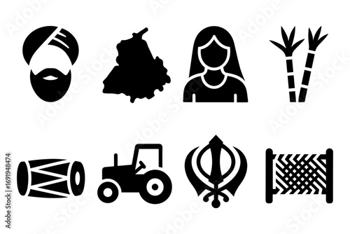 Punjab symbols: silhouette icons of culture, agriculture, and tradition